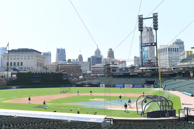 A very sunny day at the workout. Detroit Tigers work out at Comerica Park in Detroit on July 6, 2020.