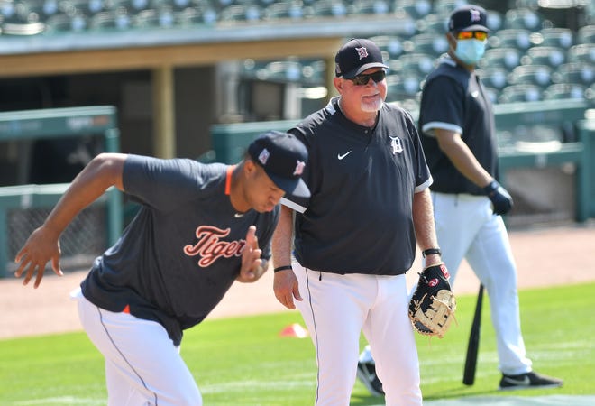Tigers manager Ron Gardenhire watches while players run the bases.  Detroit Tigers work out at Comerica Park in Detroit on July 6, 2020.