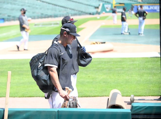 Tigers' recent draft pick Spencer Torkelson enters the field for his workout session group.  Detroit Tigers work out at Comerica Park in Detroit on July 6, 2020.