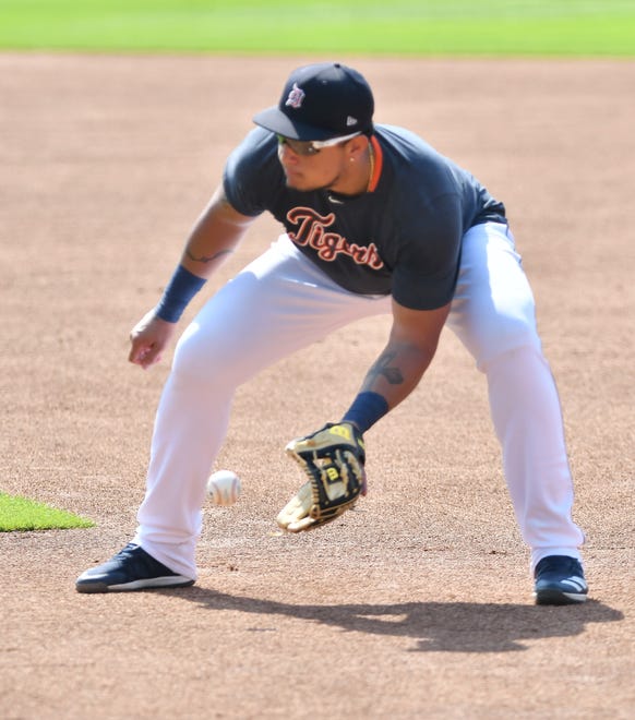 Tigers first baseman Miguel Cabrera fields a ground ball.  Detroit Tigers work out at Comerica Park in Detroit on July 6, 2020.