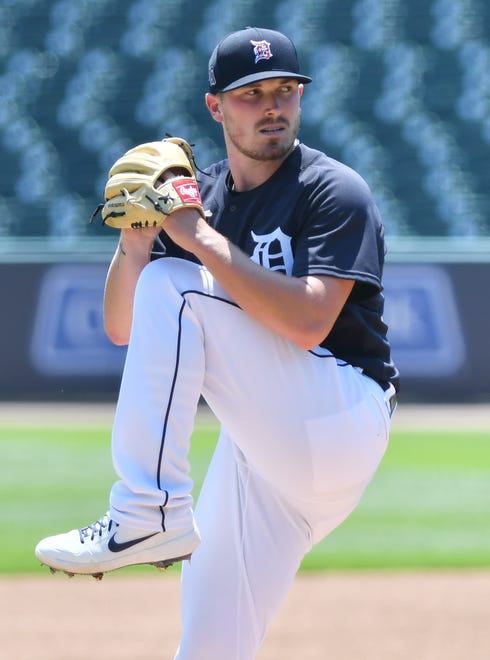 Non-roster invitee pitcher Beau Burrows throws live batting practice.  Detroit Tigers work out at Comerica Park in Detroit on July 6, 2020.