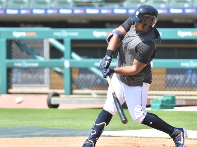Tigers' Christin Stewart takes live batting practice.  Detroit Tigers work out at Comerica Park in Detroit on July 6, 2020.