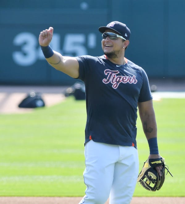 Tigers' Miguel Cabrera reacts while talking with someone at the Detroit Tigers work out at Comerica Park in Detroit on July 6, 2020.