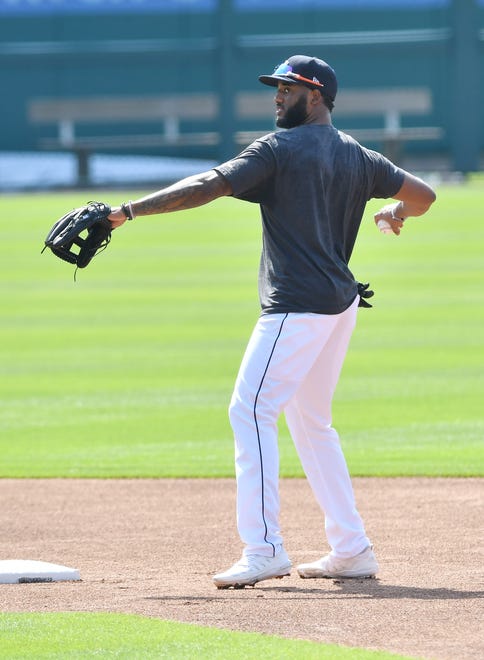 Tigers' Niko Goodrum during infield practice.  Detroit Tigers work out at Comerica Park in Detroit on July 6, 2020.