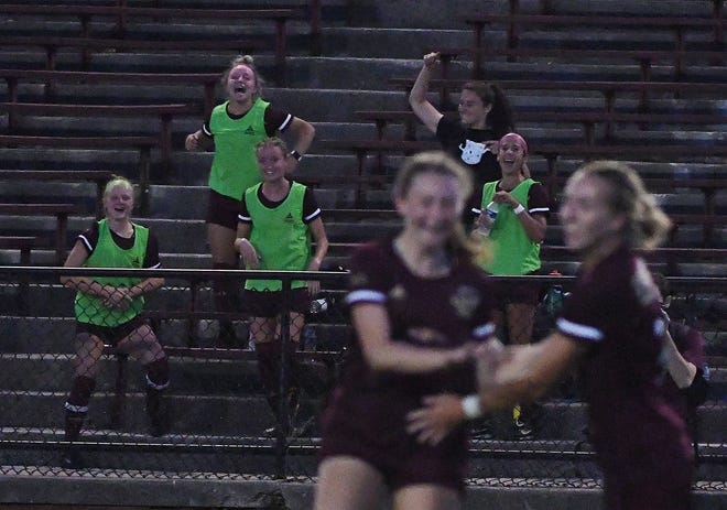 Detroit City FC teammates leap out of their seats after going ahead late in the second half, holding on to win 2-1 over Lansing United.