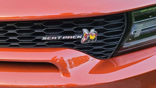 The distinctive badge of the 2020 Dodge Charger Scat Pack Plus bee.