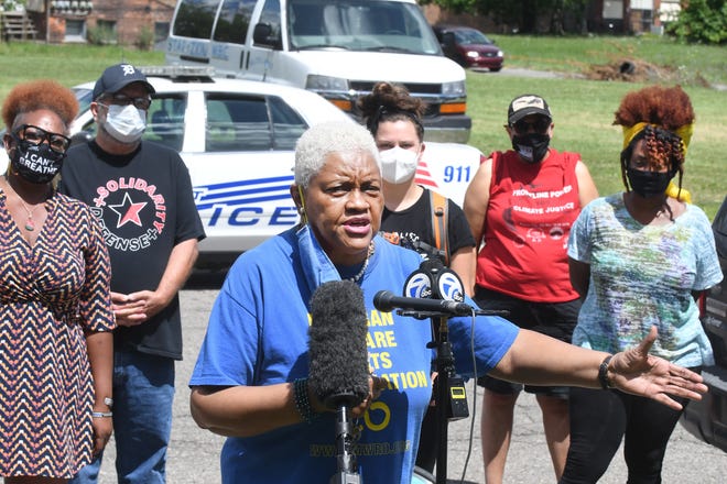 Activist Maureen Taylor speaks during the 'Detroit Will Breathe' press conference following recent police involved shootings in Detroit, Michigan on July 28, 2020.