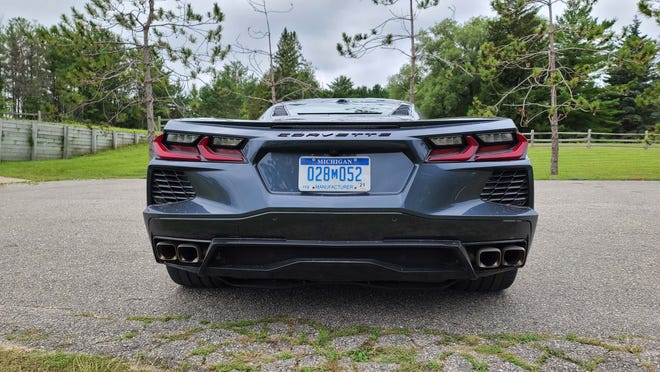 The purposeful rear end of the 2020 Chevy Corvette includes quad exhaust, LED lights and trunk space for two golf bags.