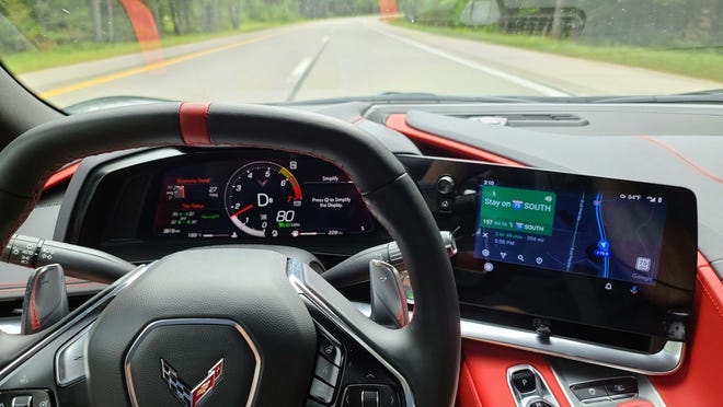 The driver-centric screen layout of the 2020 Chevy Corvette combines two digital screens and a square steering wheel for better instrument visibility.