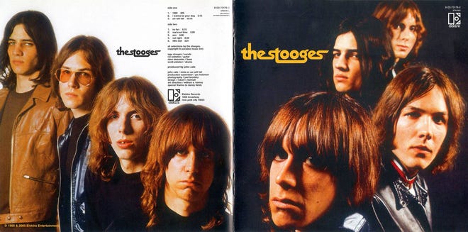 The Stooges (1969) album back, left, and cover
The band members are Iggy Pop, Ron and Scott Asheton and Dave Alexander.