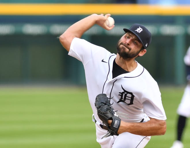 Detroit Tigers starting pitcher Michael Fulmer throws during the first inning of a game against the Chicago White Sox at Comerica Park, in Detroit, August. 10, 2020.