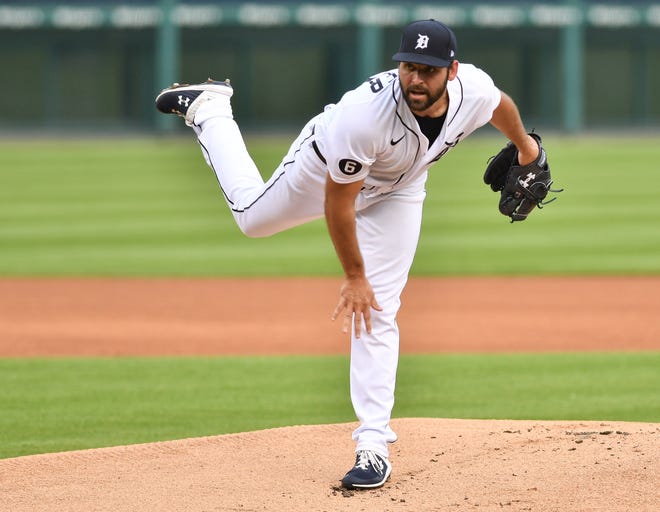 Detroit Tigers starting pitcher Michael Fulmer throws during the first inning of a game against the Chicago White Sox at Comerica Park, in Detroit, August. 10, 2020.