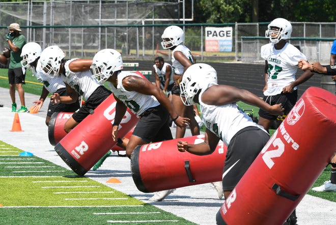West Bloomfield's defense work breaking off the line during drills.