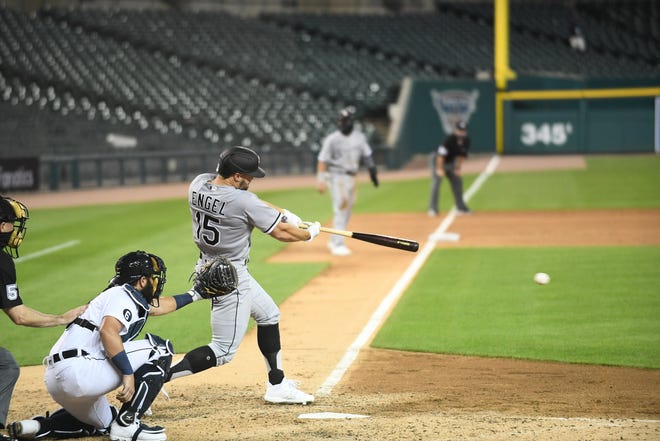 Chicago's Adam Engel grounds out but score a run in the seventh inning.  Detroit Tigers vs Chicago White Sox at Comerica Park in Detroit on Aug. 10, 2020.
