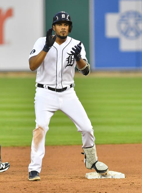 Tigers' Jeimer Candelario reacts after his double in the fourth inning.  Detroit Tigers vs Chicago White Sox at Comerica Park in Detroit on Aug. 10, 2020.