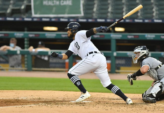 Tigers' Dawel Lugo grounds into a force out in the fourth inning.  Detroit Tigers vs Chicago White Sox at Comerica Park in Detroit on Aug. 10, 2020.