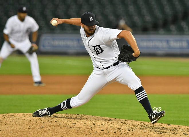 Tigers pitcher John Schreiber works in the sixth inning.  Detroit Tigers vs Chicago White Sox at Comerica Park in Detroit on Aug. 10, 2020.
