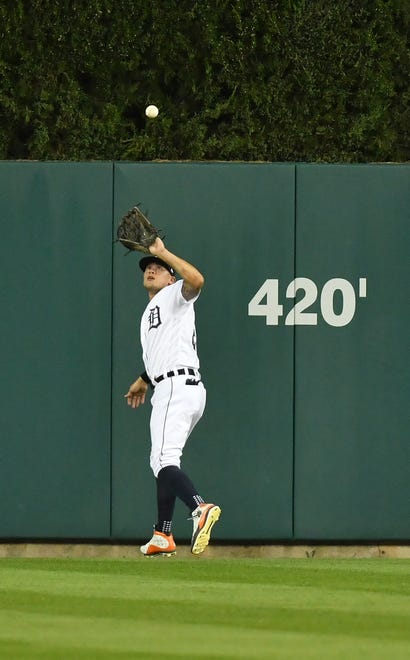 Tigers center fielder JaCoby Jones make a catch on a line out in the sixth inning.  Detroit Tigers vs Chicago White Sox at Comerica Park in Detroit on Aug. 10, 2020.