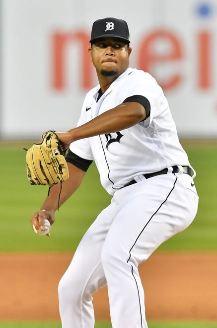 Tigers pitcher Rony Garcia works in the sixth inning.  Detroit Tigers vs Chicago White Sox at Comerica Park in Detroit on Aug. 11, 2020.