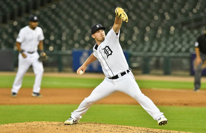 Tigers pitcher Beau Burrows works in the eighth inning.  Detroit Tigers vs Chicago White Sox at Comerica Park in Detroit on Aug. 11, 2020.