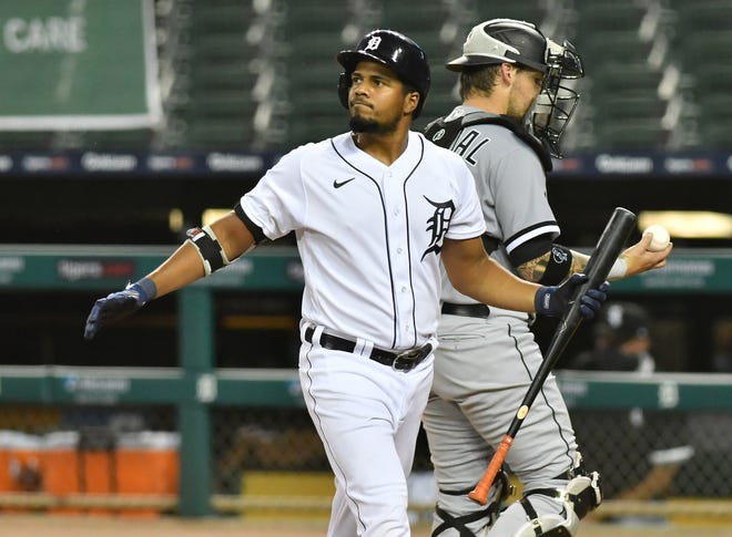 Tigers' Jeimer Candelario reacts after he strikes out swinging in the sixth inning.  Detroit Tigers vs Chicago White Sox at Comerica Park in Detroit on Aug. 11, 2020.