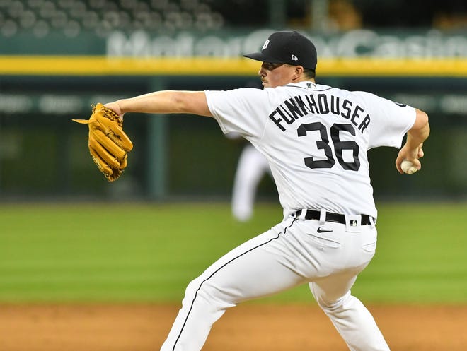 Tigers pitcher Kyle Funkhouser works in the ninth inning.  Detroit Tigers vs Chicago White Sox at Comerica Park in Detroit on Aug. 11, 2020.
