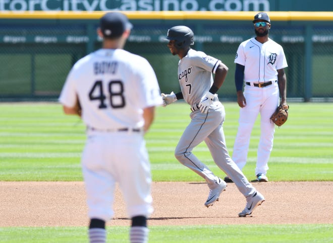 Tigers pitcher Matthew Boyd, left, stands on the mound while Chicago's Tim Anderson rounds the bases on his solo home run in the first inning.