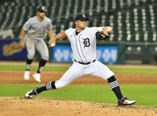 Tigers pitcher Carson Fulmer works in the seventh inning.  Detroit Tigers vs Chicago White Sox at Comerica Park in Detroit on Aug. 11, 2020.