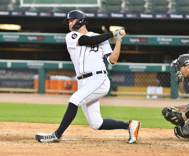 Tigers' JaCoby Jones strikes out swinging in the fifth inning.