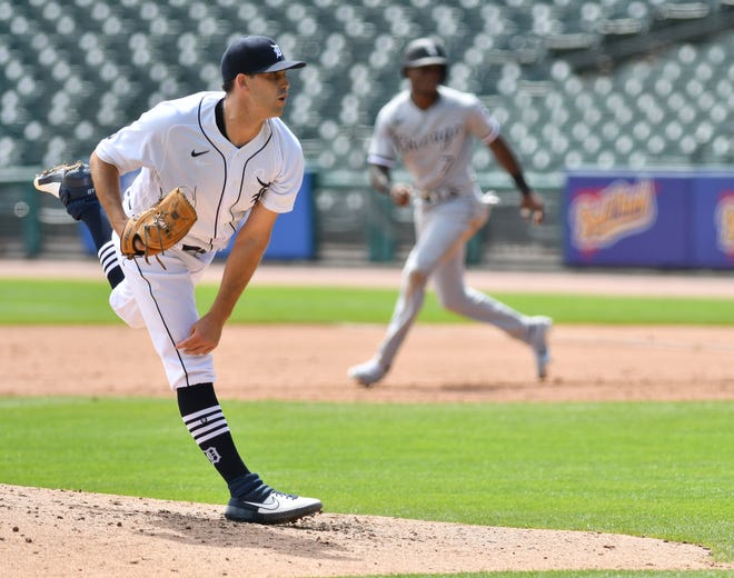 With a man on base, Tigers pitcher Matthew Boyd works in the fifth inning.