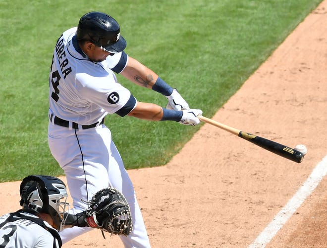 Tigers designated hitter Miguel Cabrera singles in the fifth inning.  Detroit Tigers vs Chicago White Sox at Comerica Park in Detroit on Aug. 12, 2020.