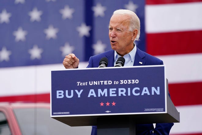 Democratic presidential candidate former Vice President Joe Biden speaks at a campaign event on manufacturing and buying American-made products at UAW Region 1 headquarters in Warren, Mich., Wednesday, Sept. 9, 2020.