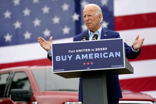 Democratic presidential candidate former Vice President Joe Biden speaks during a campaign event on manufacturing and buying American-made products at UAW Region 1 headquarters in Warren, Mich., Wednesday.