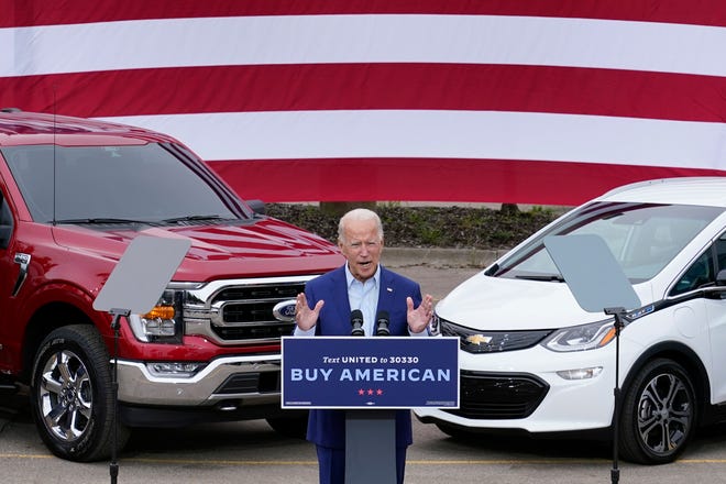 Democratic presidential candidate former Vice President Joe Biden speaks during a campaign event on manufacturing American products at UAW Region 1 headquarters in Warren.