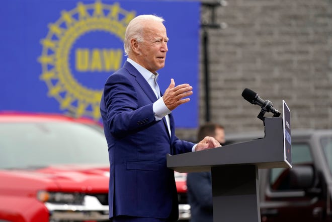 Democratic presidential candidate former Vice President Joe Biden speaks during a campaign event on manufacturing and buying American-made products at UAW Region 1 headquarters in Warren, Mich., Wednesday, Sept. 9, 2020.