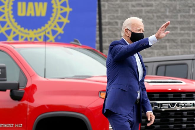 Democratic presidential candidate former Vice President Joe Biden arrives to speak during a campaign event on manufacturing and buying American-made products at UAW Region 1 headquarters in Warren.