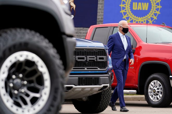 Democratic presidential candidate former Vice President Joe Biden arrives to speak during a campaign event on manufacturing and buying American-made products at UAW Region 1 headquarters in Warren, Mich., Wednesday.