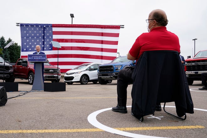 Democratic presidential candidate former Vice President Joe Biden speaks during a campaign event on manufacturing American products at UAW Region 1 headquarters in Warren.