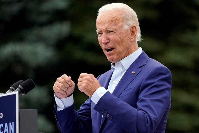 Democratic presidential candidate former Vice President Joe Biden speaks during a campaign event on manufacturing and buying American-made products at UAW Region 1 headquarters in Warren.
