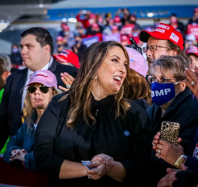 Ronna McDaniel gets mentioned by Donald Trump during his speech. President Donald Trump makes a campaign stop at an airplane hangar in Freeland, Michigan on Thursday, September 10, 2020.