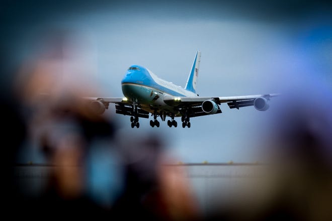 Air Force One lands in Michigan. President Donald Trump makes a campaign stop at an airplane hangar in Freeland, Michigan on Thursday, September 10, 2020.