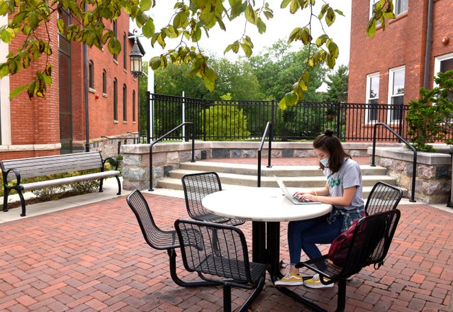 MSU sophomore Angela Petterson of Adrian studies alone for an Integrated Social Sciences class outside on campus in East Lansing Saturday. "Last year when I was a freshman, I was surrounded by hundreds of students at a time. Now I feel my campus is a ghost town," Petterson said.