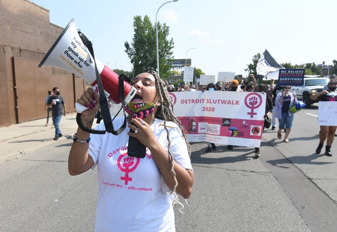 Chantel Watkins leads a large crowd as they march along Woodward Avenue near State Fair during the 2020 Detroit Slutwalk held at Palmer Park on Saturday, September 12, 2020.