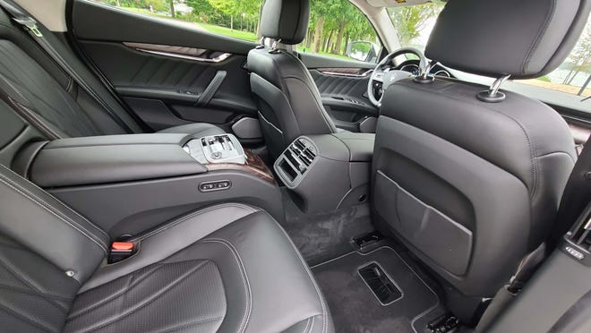 The rear seats of the 2020 Maserati Quattroporte S Q4 are a nice place to be with climate and seat controls. They can recline, and the front passenger seat can be controlled by the person sitting behind it.