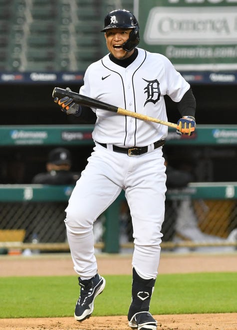 Tigers designated hitter Miguel Cabrera reacts after a pitch in the first inning.
