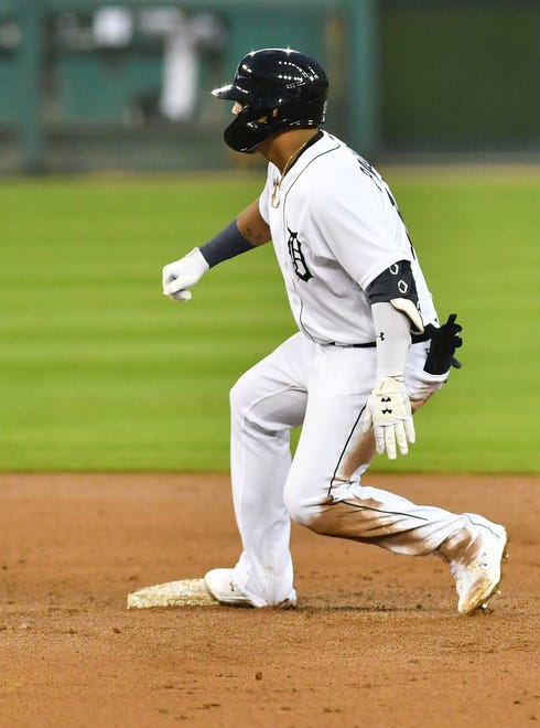 Tigers ' Isaac Paredes reaches second base on his double in the second inning.