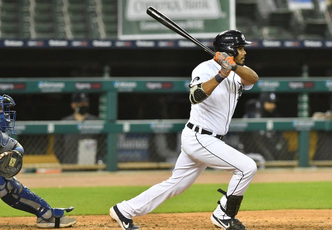 Tigers ' Jeimer Candelario singles in the fifth inning.