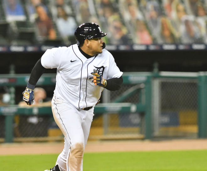 Tigers designated hitter Miguel Cabrera runs on his double in the sixth inning.