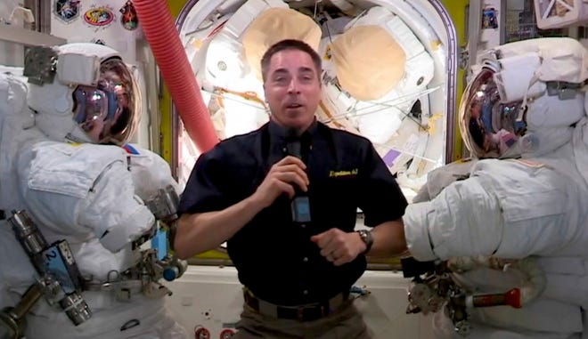In this video grab captured on Sept. 20, 2020, courtesy of the Academy of Television Arts & Sciences and ABC Entertainment, NASA astronaut Christopher Cassidy speaks from the International Space Station during the 72nd Emmy Awards broadcast.