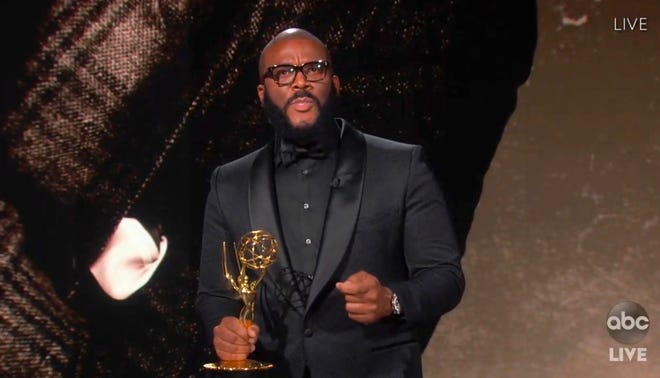 In this video grab captured on Sept. 20, 2020, courtesy of the Academy of Television Arts & Sciences and ABC Entertainment, Tyler Perry accepts the Governors award during the 72nd Emmy Awards broadcast.